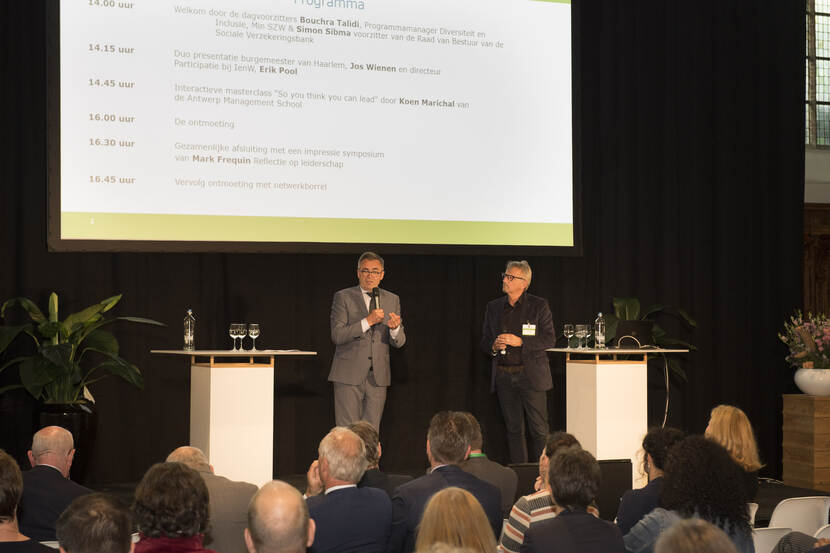 Jos Wienen, burgemeester van Haarlem en Erik Pool, directeur Participatie bij IenW, spraken tijdens het ABD-symposium 2019