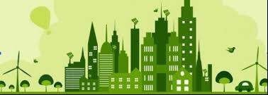 illustratie van Haagse ministeries met windmolens en zonnepanelen